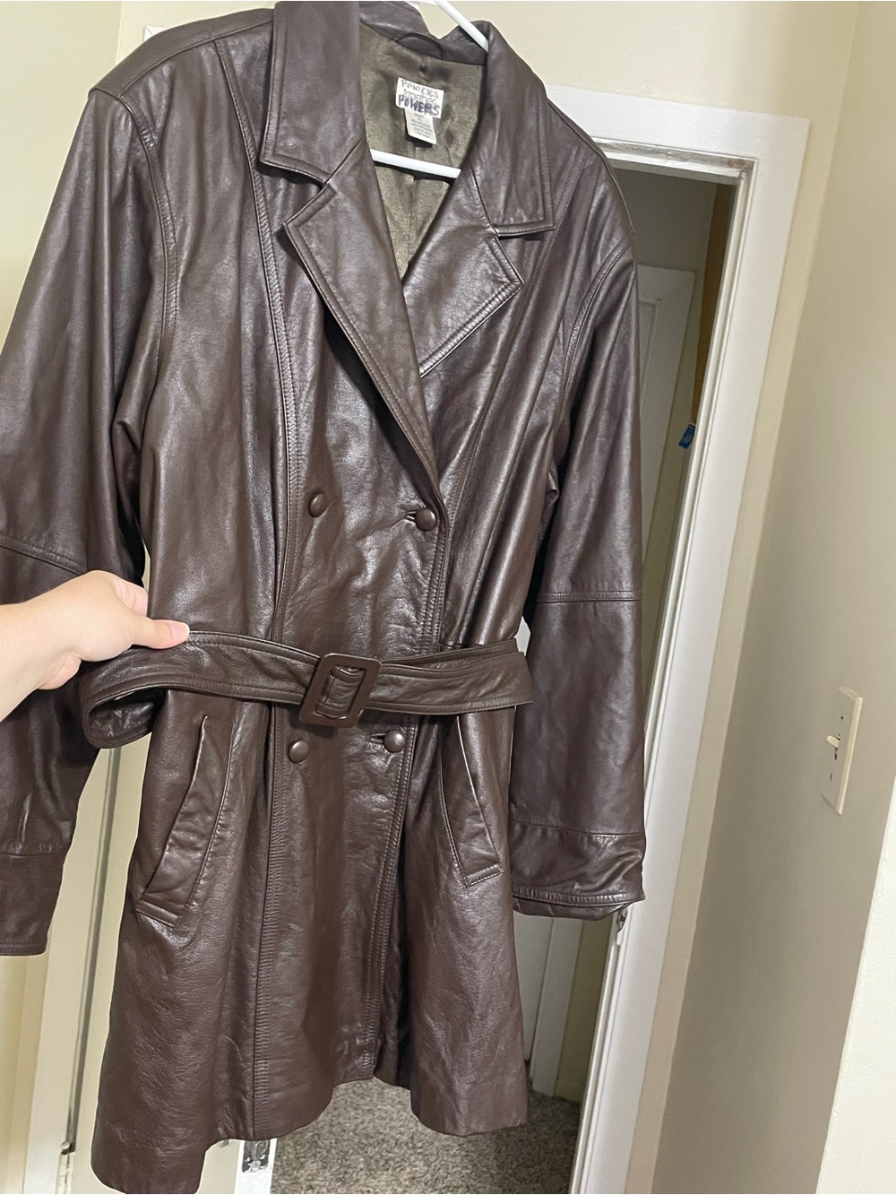 Vintage Together Dark Brown Double-Breasted Leather Trench Coat With Belt
